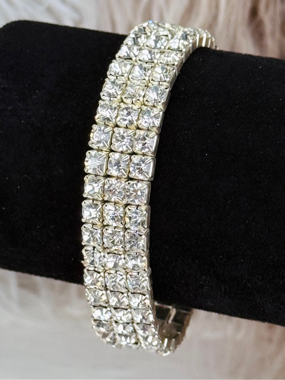 Vintage 5 Row Clear Rhinestone Stretch Bracelet Silver Tone Statement